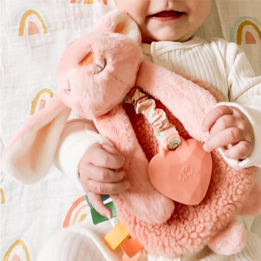 Plush Bunny Lovey with Teether & Crinkle Sensory Toy Soft Comfort Toy for Babies